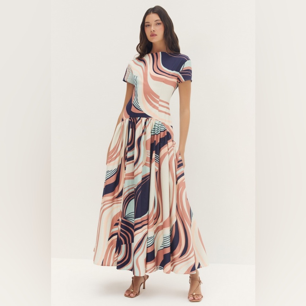 NWT Hutch Atley Dress in Wavy Geometric Multi Color Stretch Poplin in Size Small - Picture 2 of 13